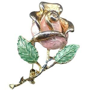 Vintage Pink Rose Brooch Enamel Gold Tone Floral Pin Romantic Garden Soft Goth